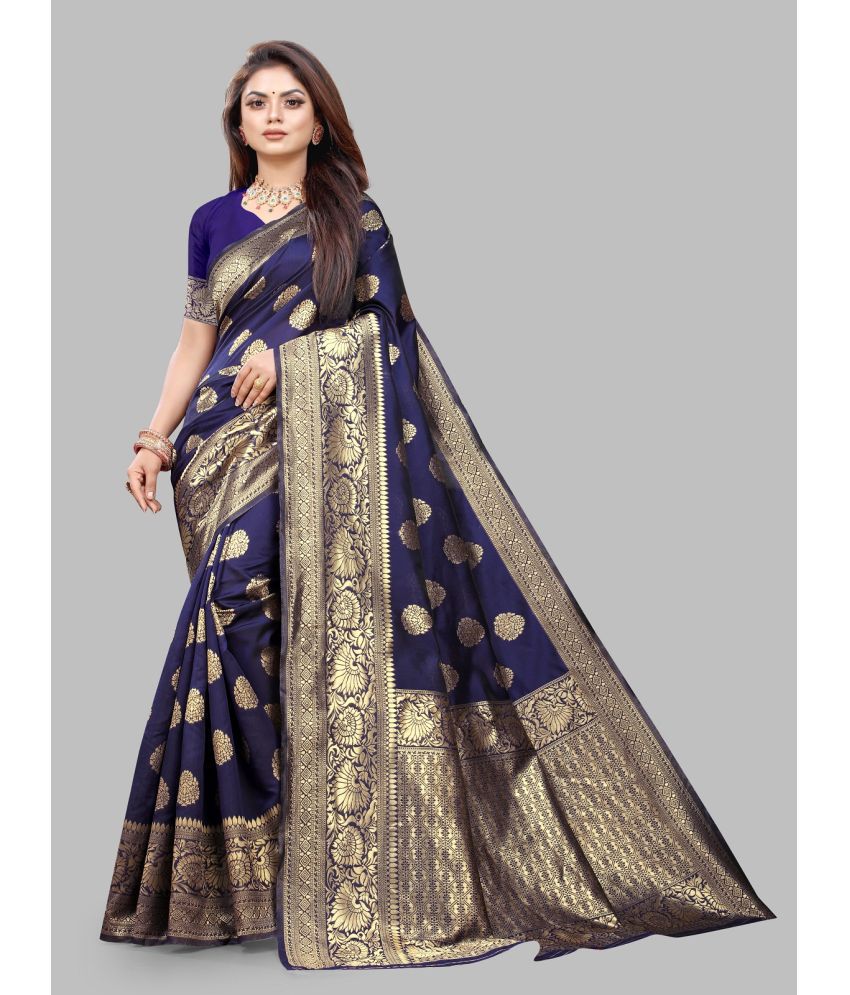     			Gazal Fashions Banarasi Silk Embellished Saree With Blouse Piece - Navy Blue ( Pack of 1 )