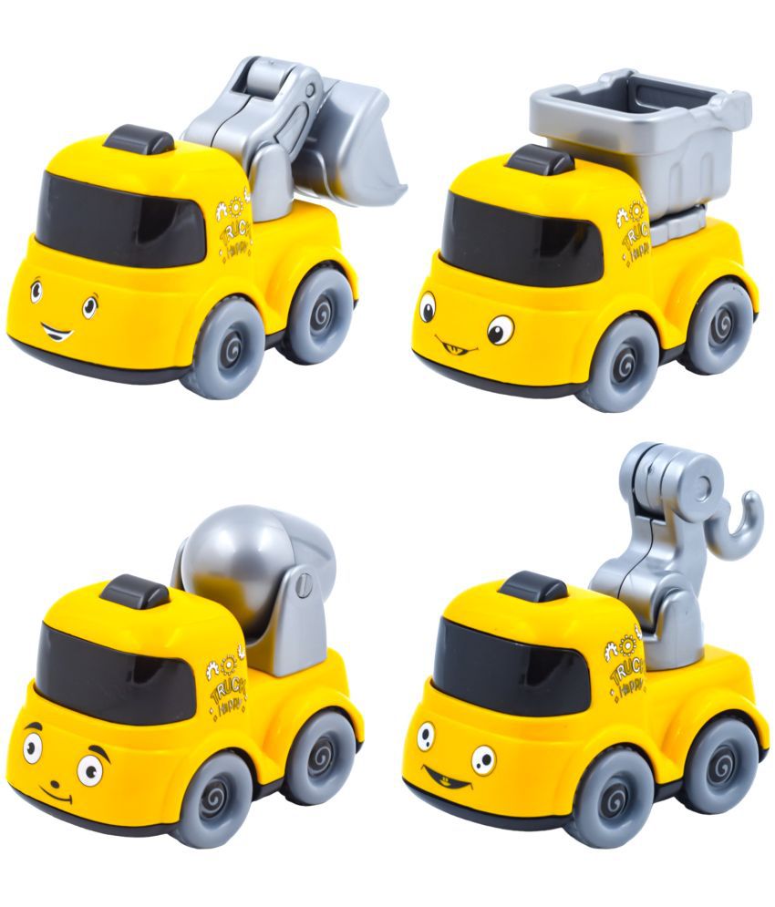     			WISHKEY Plastic Push and Go Construction Truck Set, Friction Powered Construction Trucks Excavator, Moveable Parts, Unbreakable, Non-Toxic ABS Plastic, Yellow, 3+ Years (Set of 4)