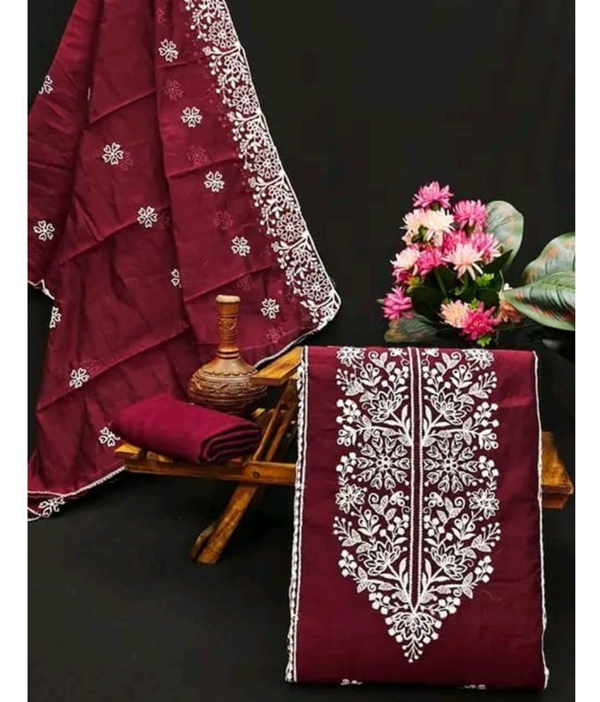    			ALSHOP Unstitched Chanderi Embroidered Dress Material - Maroon ( Pack of 1 )