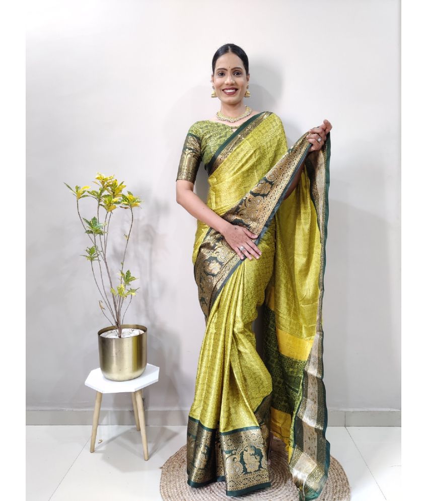     			Aika Banarasi Silk Embellished Saree With Blouse Piece - Lime Green ( Pack of 1 )