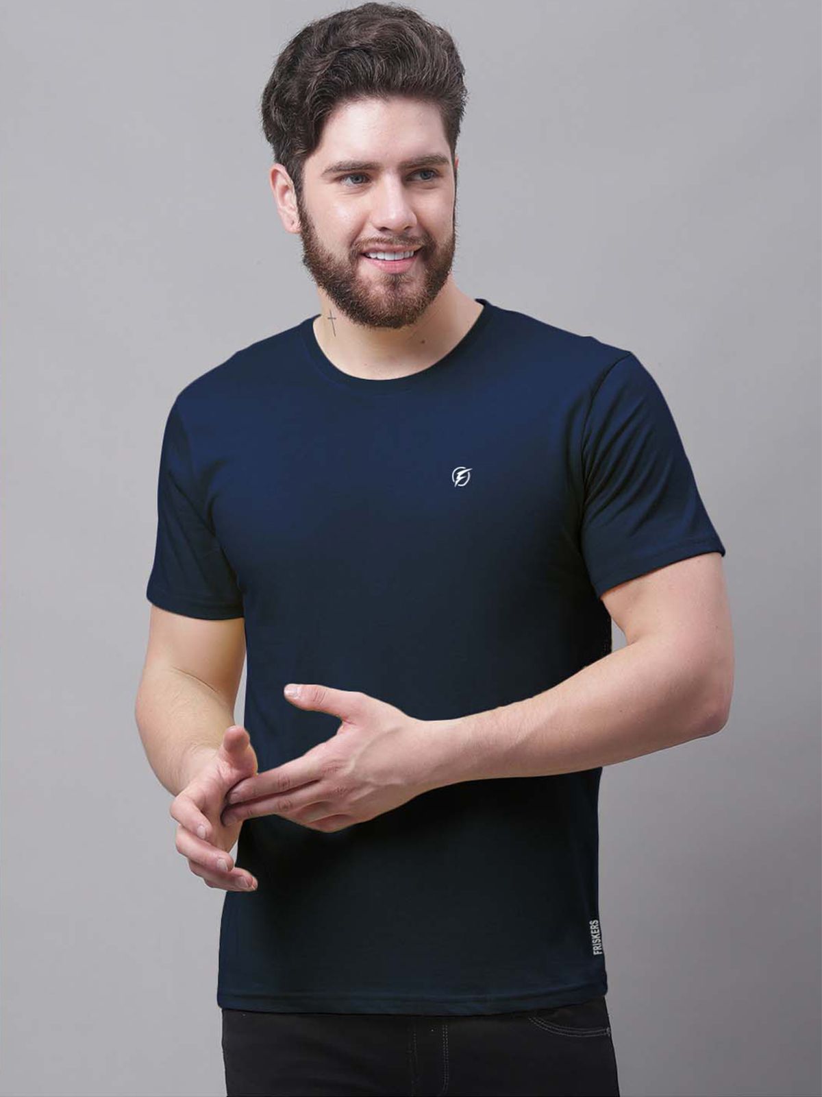     			Friskers 100% Cotton Slim Fit Solid Half Sleeves Men's T-Shirt - Navy Blue ( Pack of 1 )