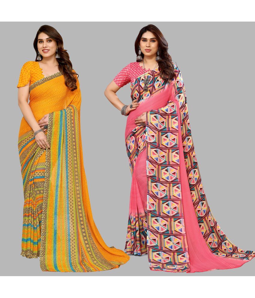     			Kashvi Sarees Georgette Printed Saree With Blouse Piece - Multicolor ( Pack of 2 )