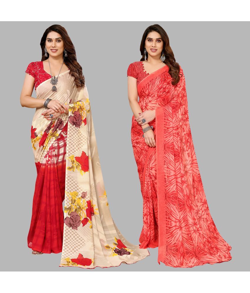     			Kashvi Sarees Georgette Printed Saree With Blouse Piece - Multicolor ( Pack of 2 )