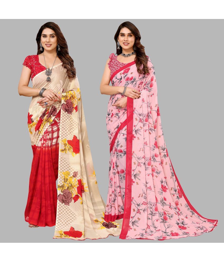     			Kashvi Sarees Georgette Printed Saree With Blouse Piece - Multicolor ( Pack of 2 )