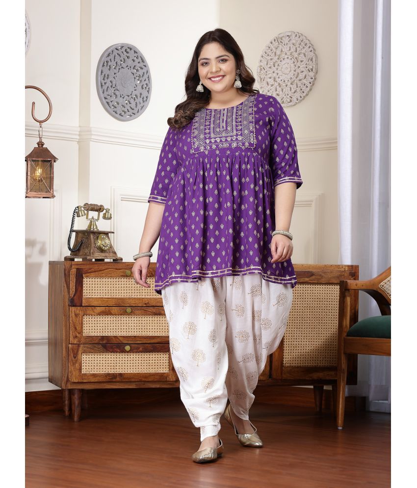     			Little More By Stylum Rayon Embroidered Kurti With Dhoti Pants Women's Stitched Salwar Suit - Violet ( Pack of 1 )
