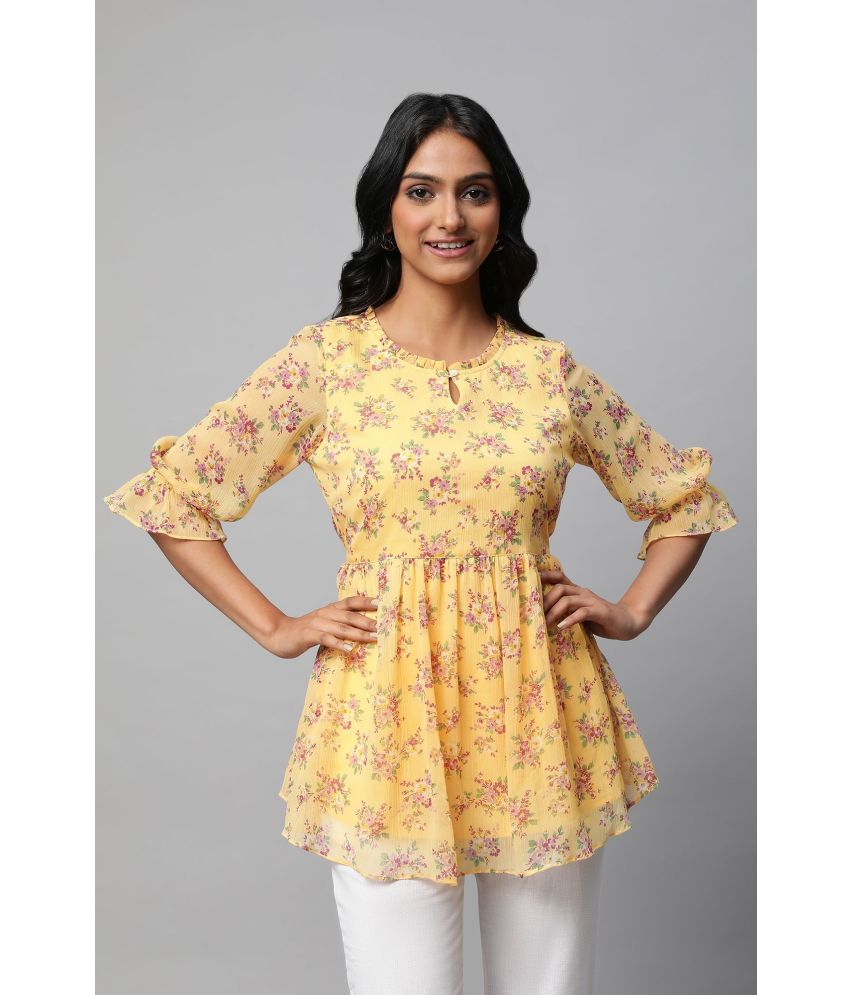     			Aurelia Polyester Printed Flared Women's Kurti - Yellow ( Pack of 1 )