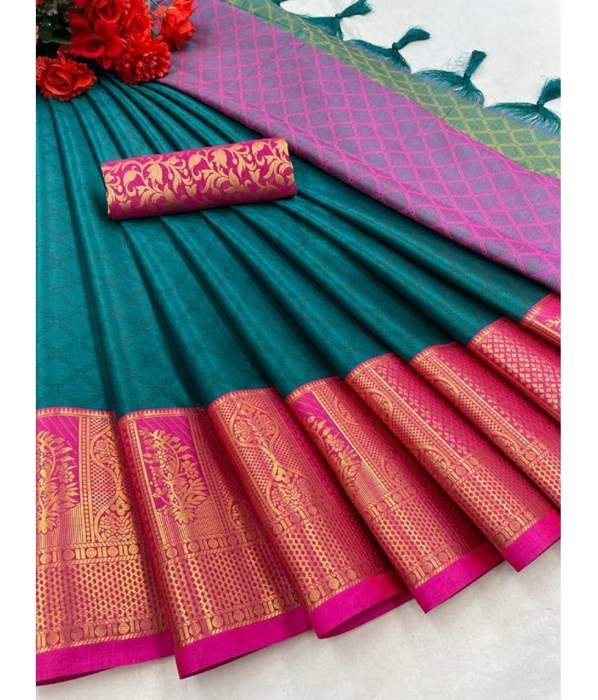     			Aika Cotton Silk Embellished Saree With Blouse Piece - Rama ( Pack of 1 )