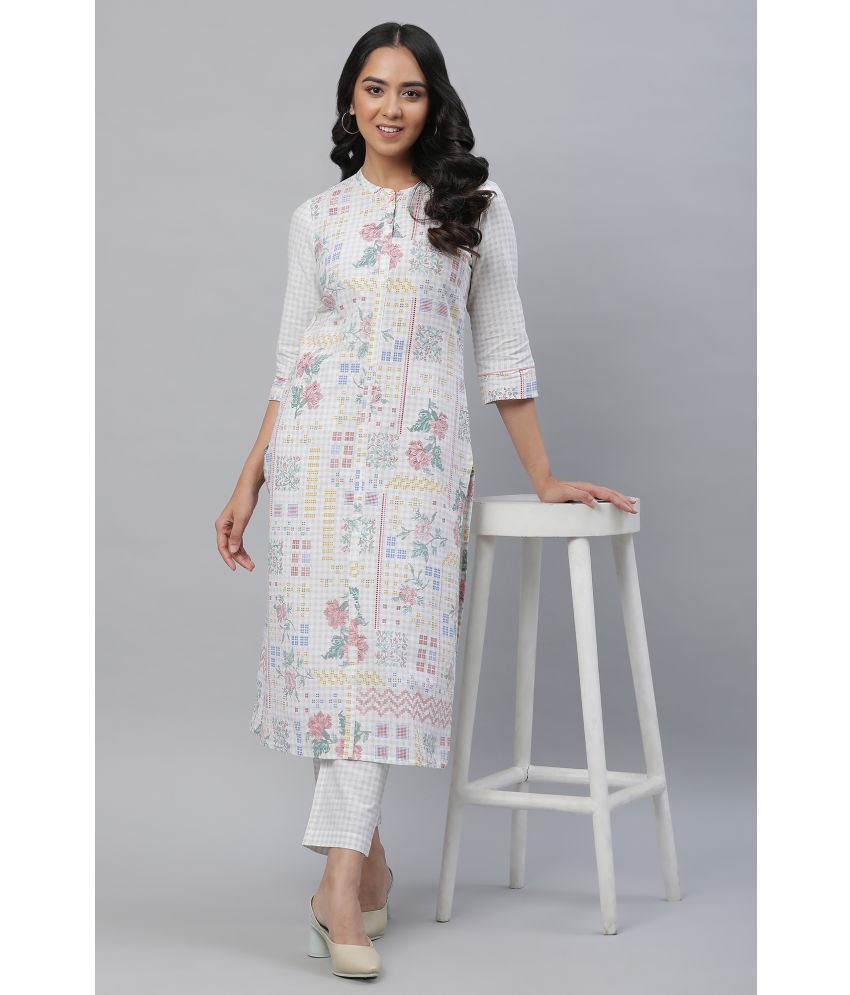     			Aurelia Cotton Blend Printed Kurti With Pants Women's Stitched Salwar Suit - White ( Pack of 1 )