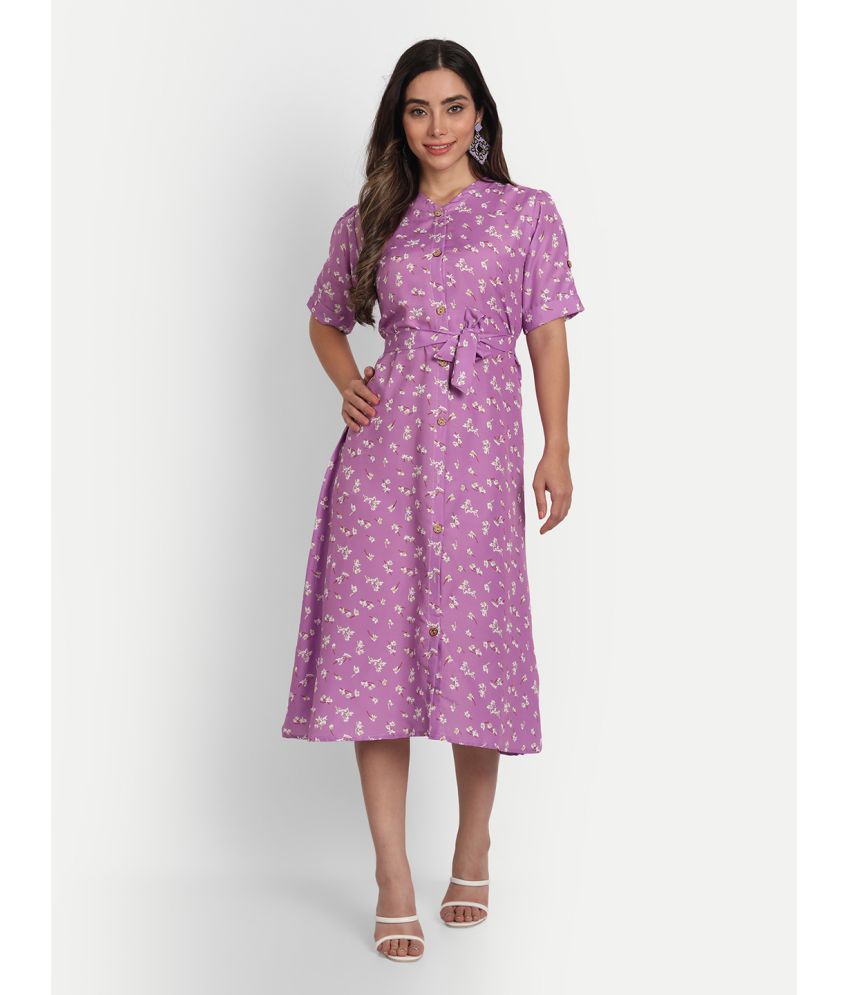     			gufrina Cotton Blend Printed Midi Women's Fit & Flare Dress - Lavender ( Pack of 1 )