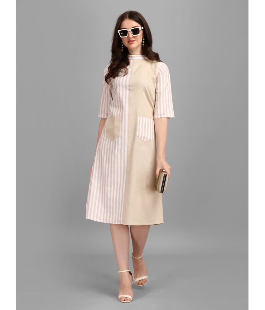    			gufrina Cotton Blend Striped Midi Women's Fit & Flare Dress - Beige ( Pack of 1 )