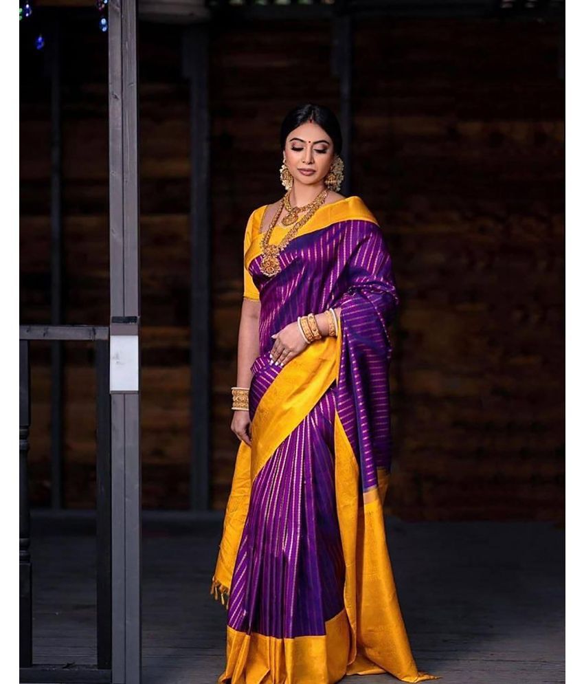     			Anjaneya Sarees Banarasi Silk Woven Saree With Blouse Piece - Purple ( Pack of 1 )