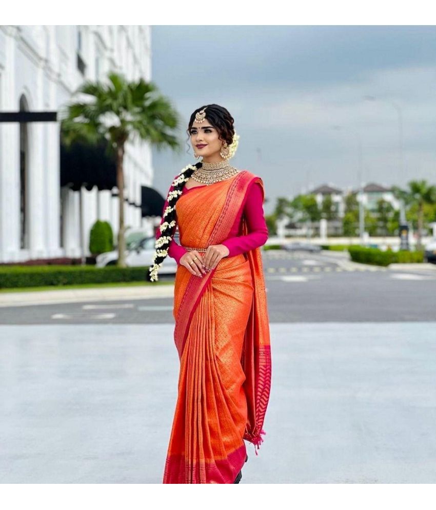     			Apnisha Banarasi Silk Embellished Saree With Blouse Piece - Orange ( Pack of 1 )