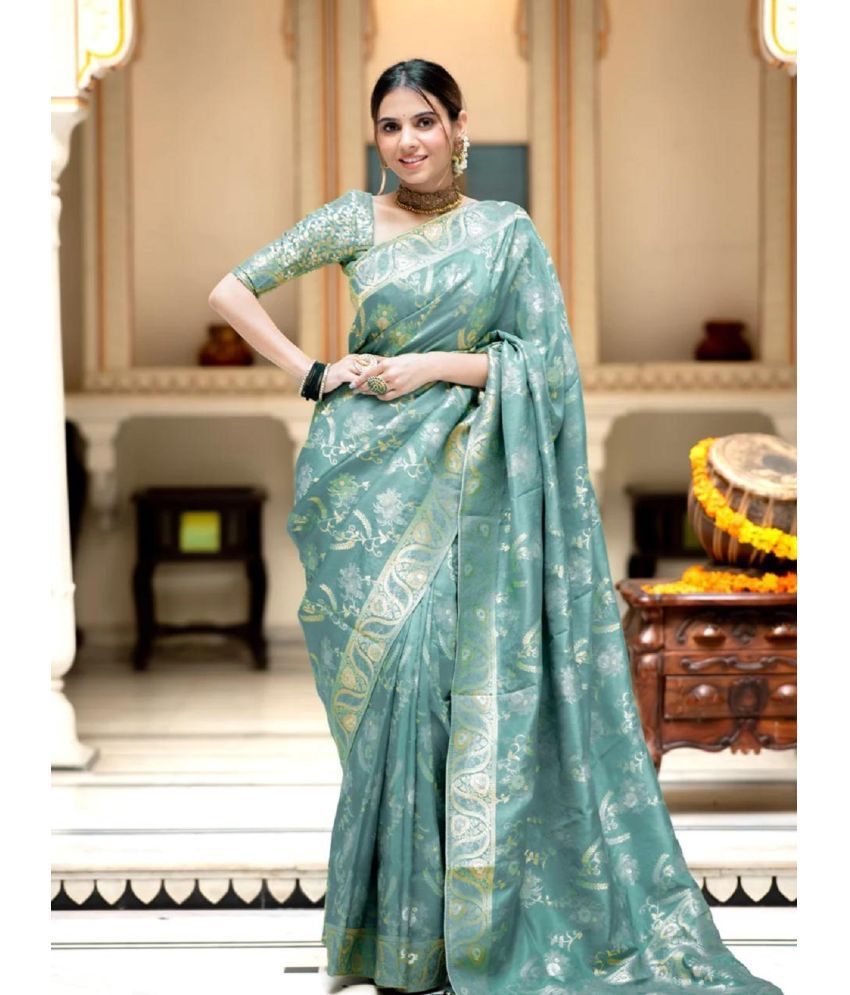     			Apnisha Banarasi Silk Embellished Saree With Blouse Piece - SkyBlue ( Pack of 1 )