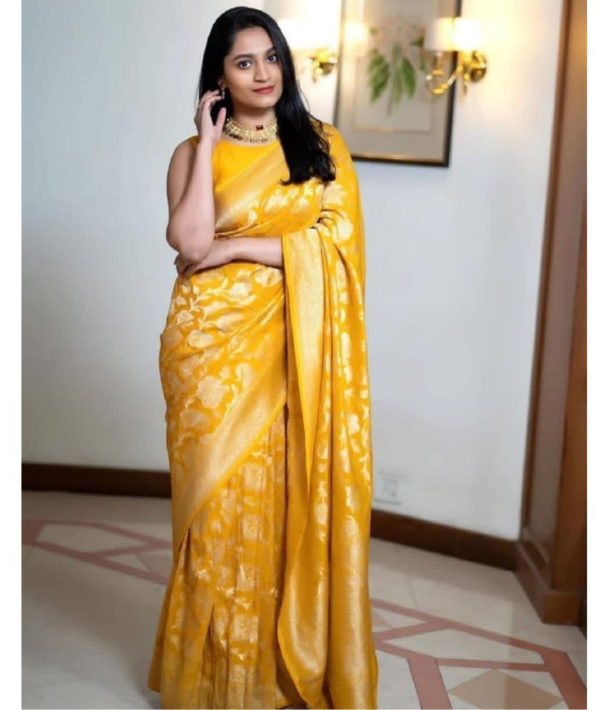     			Apnisha Banarasi Silk Embellished Saree With Blouse Piece - Yellow ( Pack of 1 )