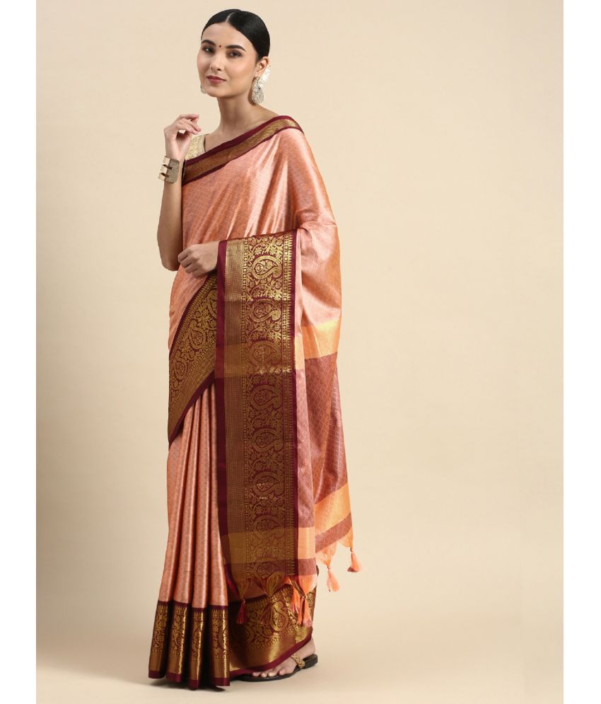     			Apnisha Jacquard Embellished Saree With Blouse Piece - Peach ( Pack of 1 )