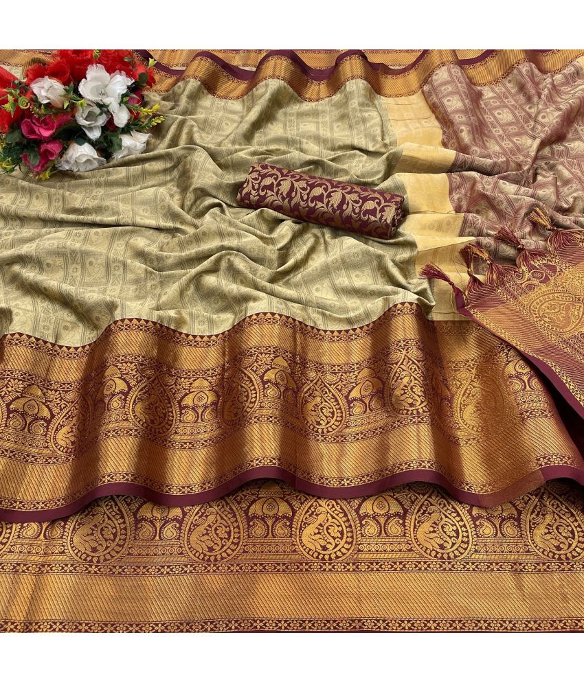     			Apnisha Silk Embellished Saree With Blouse Piece - Cream ( Pack of 1 )