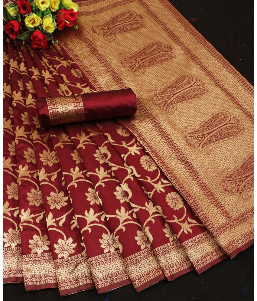     			Gazal Fashions Banarasi Silk Embellished Saree With Blouse Piece - Maroon ( Pack of 1 )