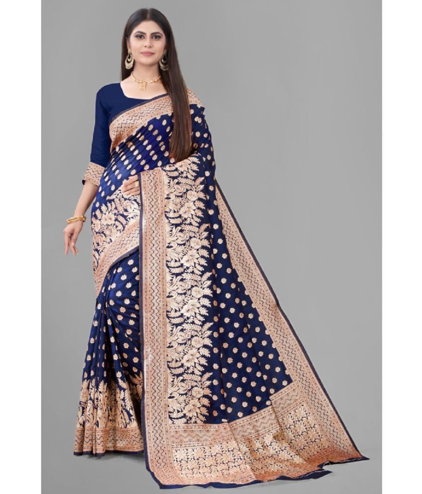     			Gazal Fashions Banarasi Silk Embellished Saree With Blouse Piece - Navy Blue ( Pack of 1 )