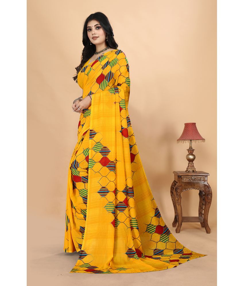     			Chashni Georgette Printed Saree With Blouse Piece - Yellow ( Pack of 1 )