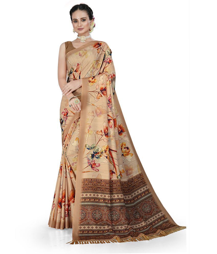     			Chashni Satin Printed Saree With Blouse Piece - Beige ( Pack of 1 )