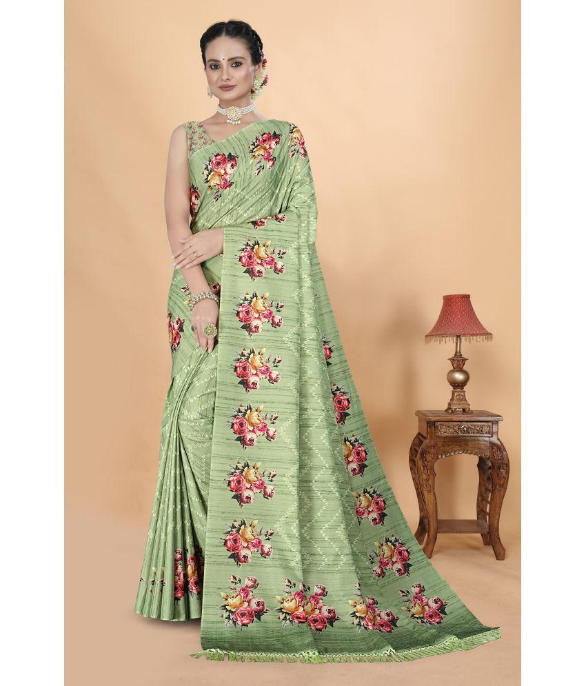     			Chashni Satin Printed Saree With Blouse Piece - Light Green ( Pack of 1 )