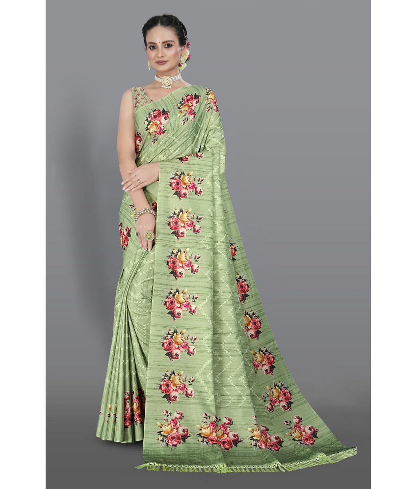     			Chashni Satin Printed Saree With Blouse Piece - Light Green ( Pack of 1 )