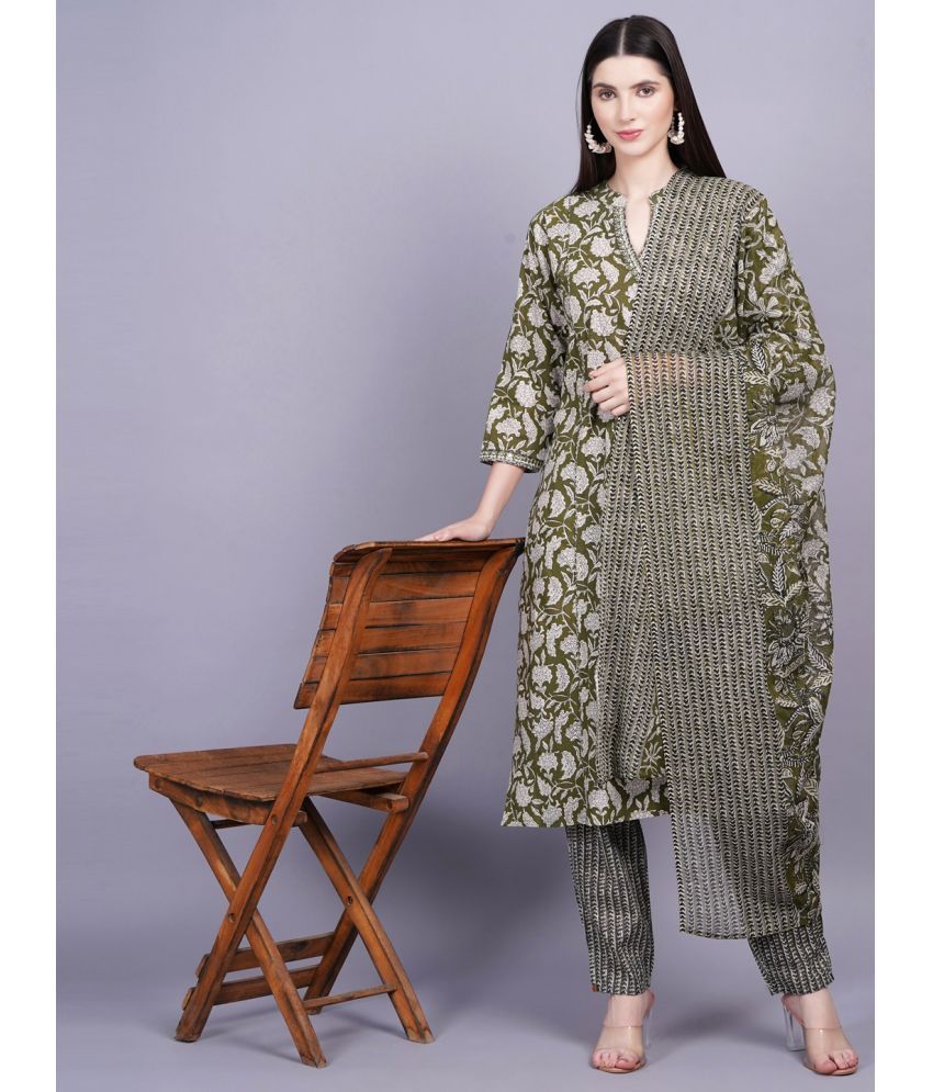     			JC4U Cotton Printed Kurti With Pants Women's Stitched Salwar Suit - Olive ( Pack of 1 )