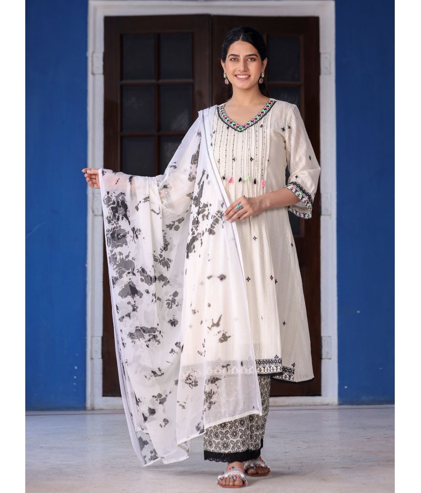     			Juniper Cotton Embroidered Kurti With Palazzo Women's Stitched Salwar Suit - Off White ( Pack of 1 )