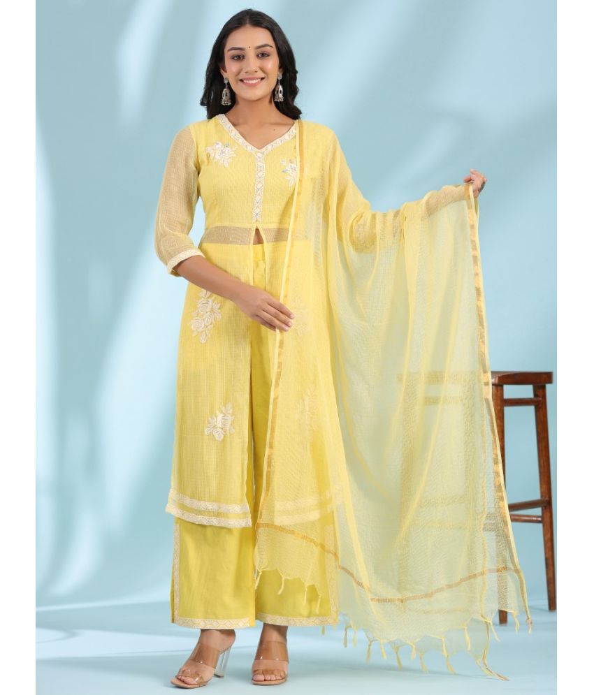     			Juniper Cotton Embroidered Kurti With Palazzo Women's Stitched Salwar Suit - Yellow ( Pack of 1 )