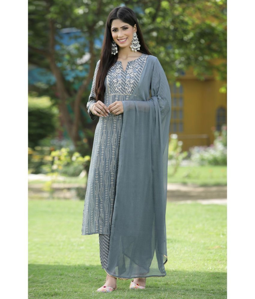     			Juniper Cotton Printed Kurti With Pants Women's Stitched Salwar Suit - Grey ( Pack of 1 )