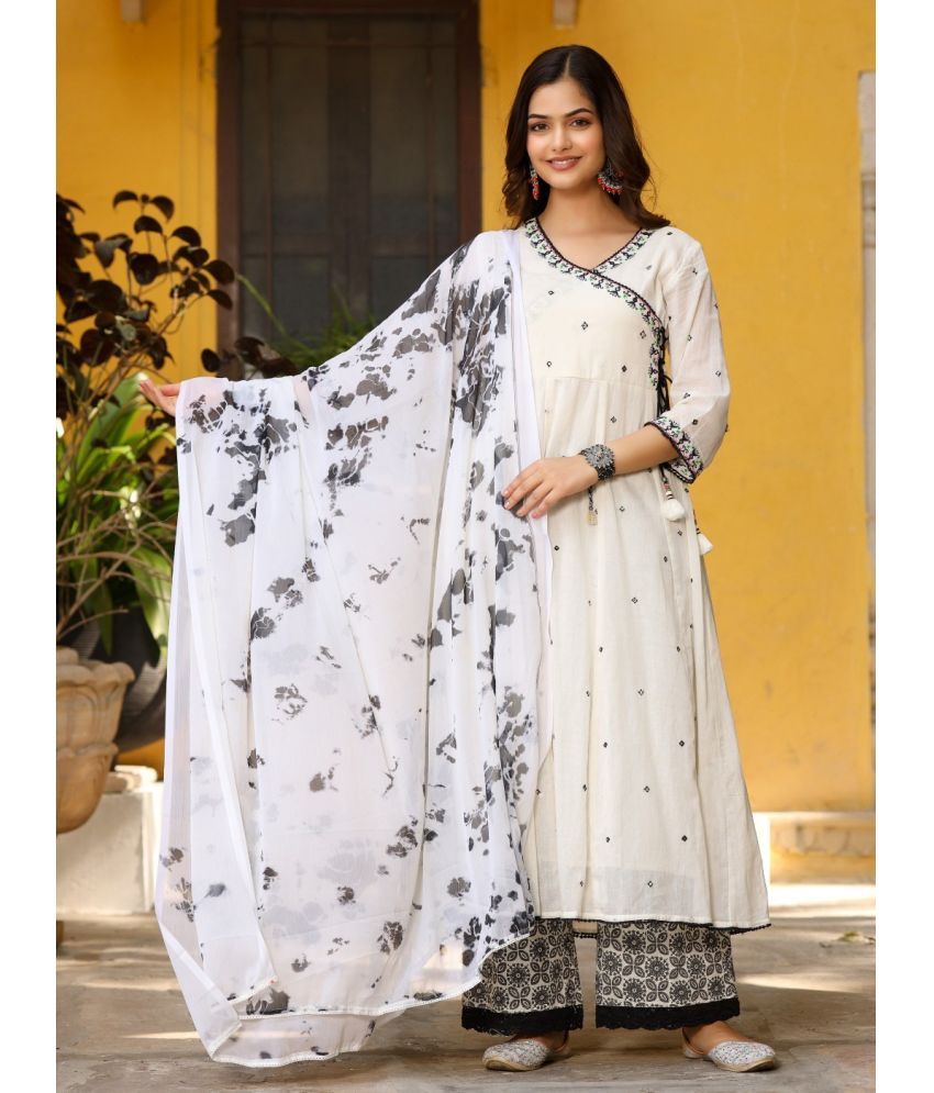     			Juniper Cotton Printed Kurti With Palazzo Women's Stitched Salwar Suit - Off White ( Pack of 1 )