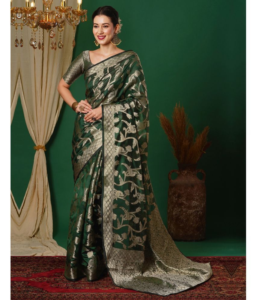     			Samah Silk Blend Woven Saree With Blouse Piece - Green ( Pack of 1 )