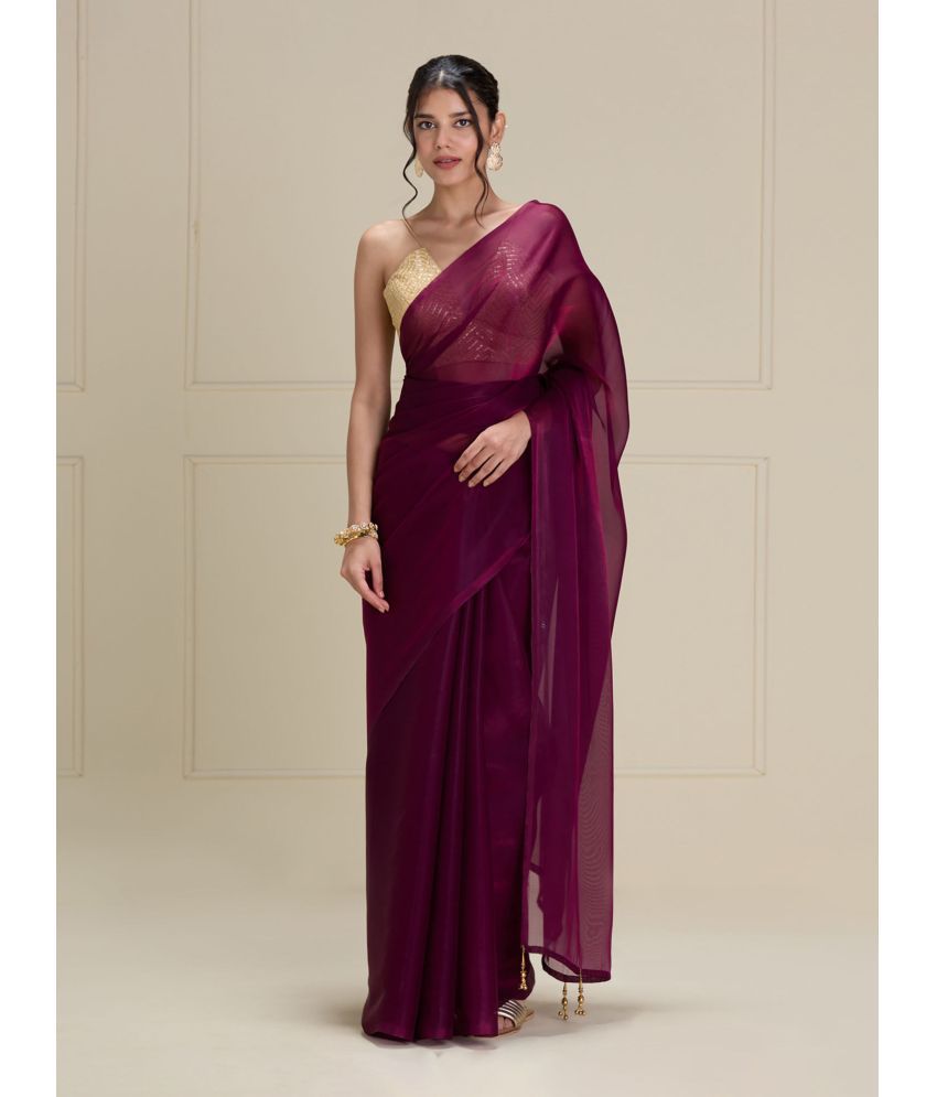     			AWRIYA Organza Solid Saree With Blouse Piece - Wine ( Pack of 1 )