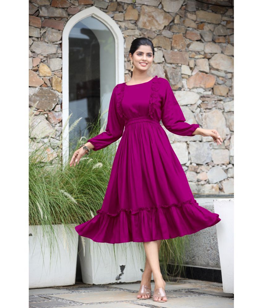     			Femvy Rayon Solid Midi Women's Fit & Flare Dress - Wine ( Pack of 1 )