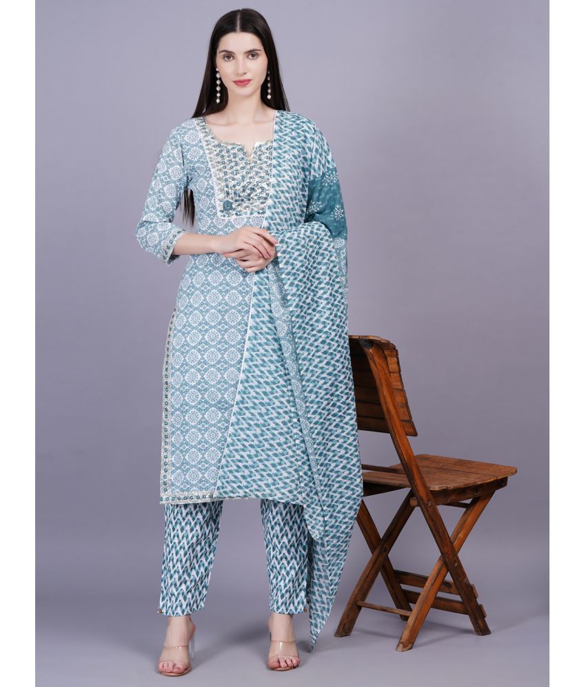     			HIGHLIGHT FASHION EXPORT Cotton Printed Kurti With Pants Women's Stitched Salwar Suit - Light Blue ( Pack of 1 )