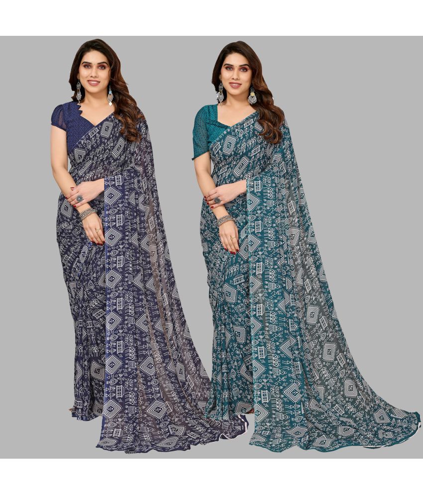     			Kashvi Sarees Georgette Printed Saree With Blouse Piece - Multicolor ( Pack of 2 )