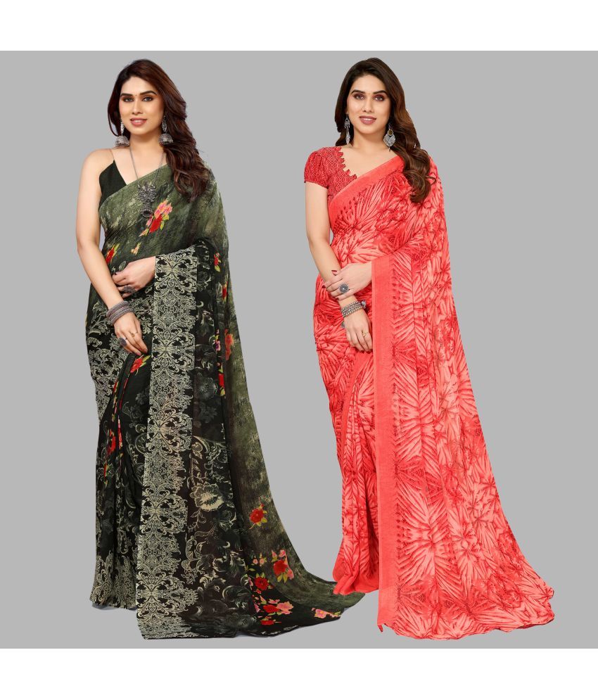     			Kashvi Sarees Georgette Printed Saree With Blouse Piece - Multicolor ( Pack of 2 )