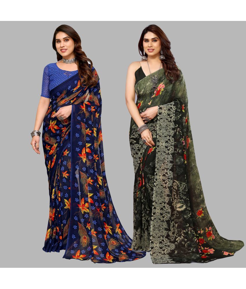     			Kashvi Sarees Georgette Printed Saree With Blouse Piece - Multicolor ( Pack of 2 )