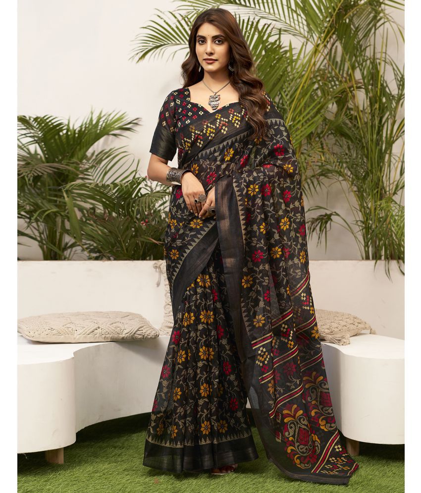     			Samah Cotton Blend Printed Saree With Blouse Piece - Black ( Pack of 1 )