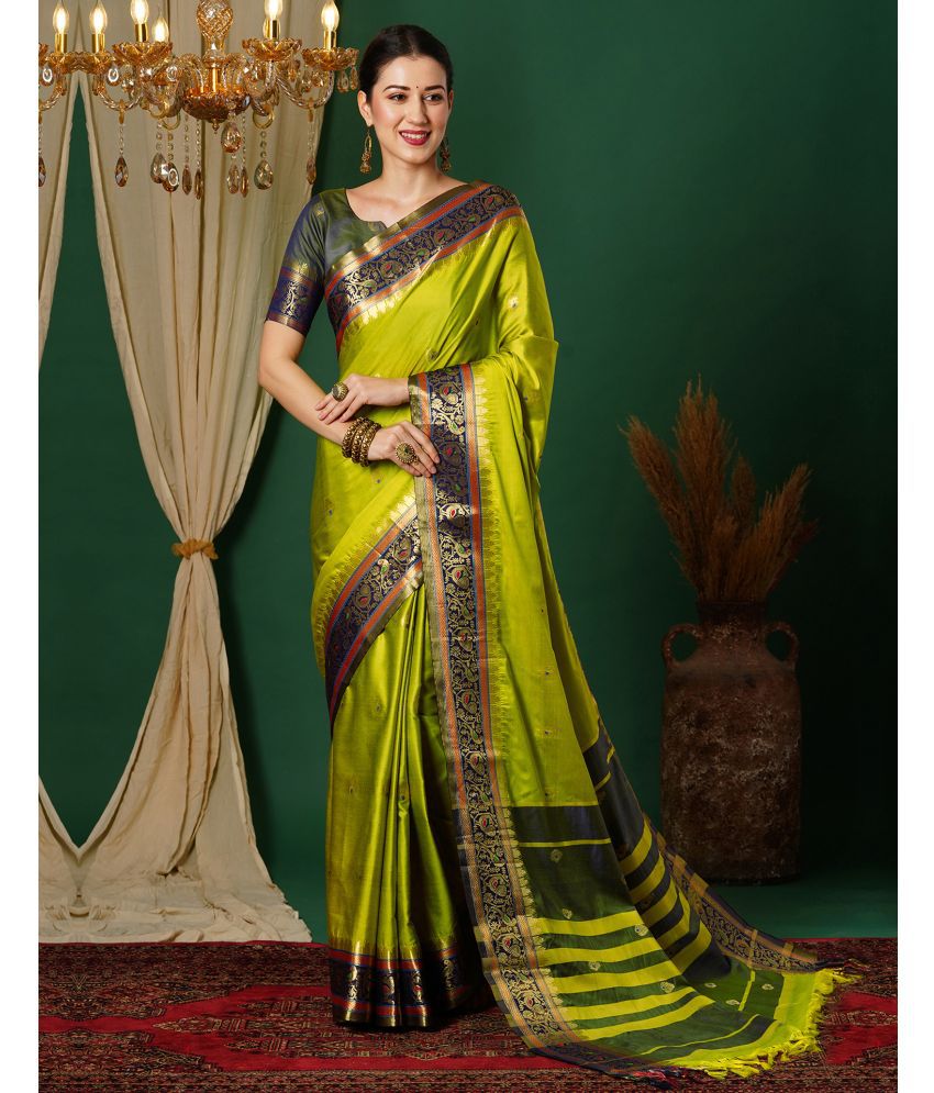    			Samah Silk Self Design Saree With Blouse Piece - Lime Green ( Pack of 1 )