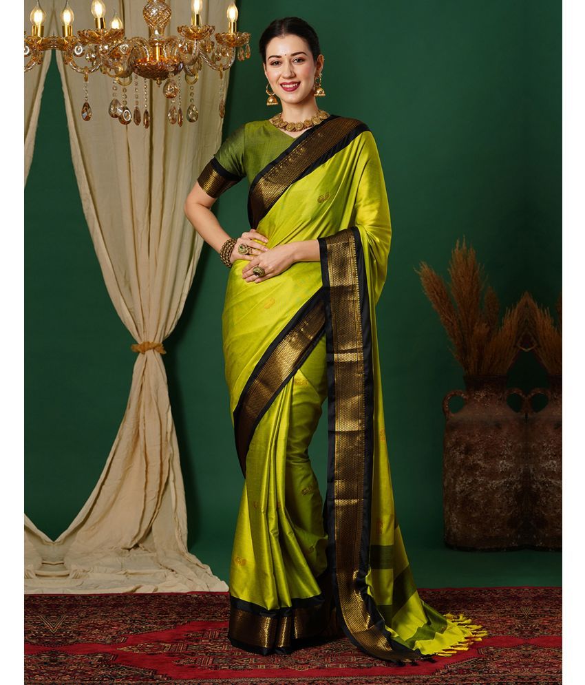     			Samah Silk Self Design Saree With Blouse Piece - Lime Green ( Pack of 1 )