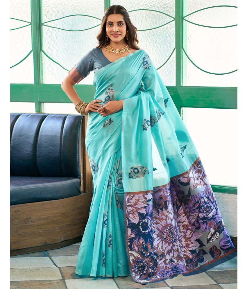     			Samah Silk Self Design Saree With Blouse Piece - Light Blue ( Pack of 1 )