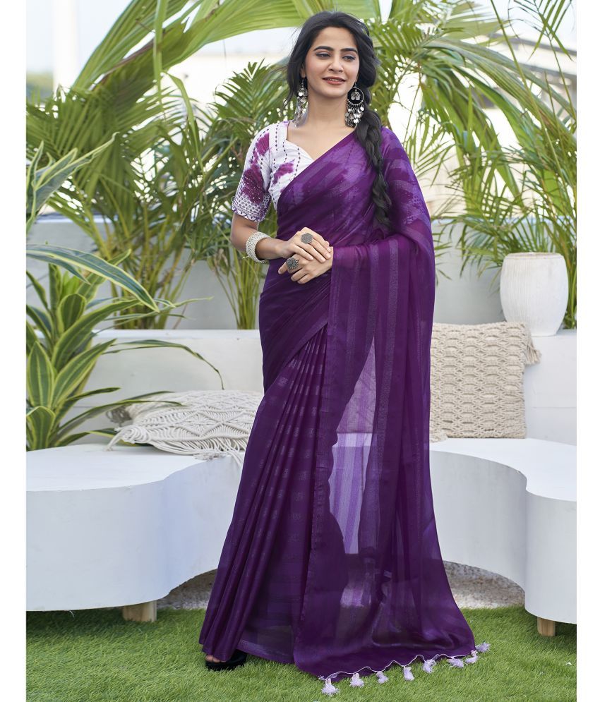     			Satrani Chiffon Striped Saree With Blouse Piece - Purple ( Pack of 1 )