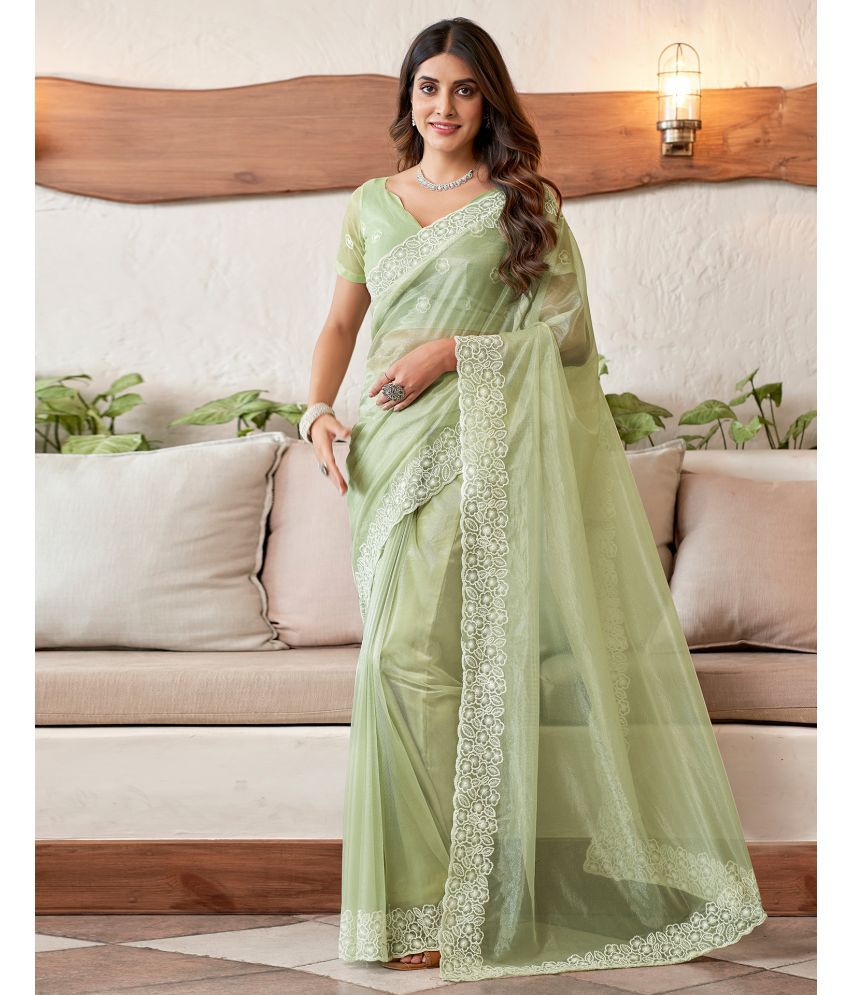    			Satrani Organza Embroidered Saree With Blouse Piece - Light Green ( Pack of 1 )