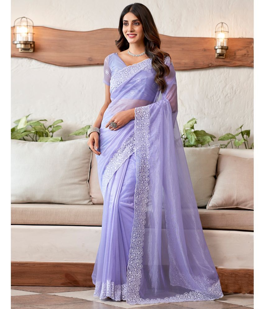     			Satrani Organza Embroidered Saree With Blouse Piece - Lavender ( Pack of 1 )