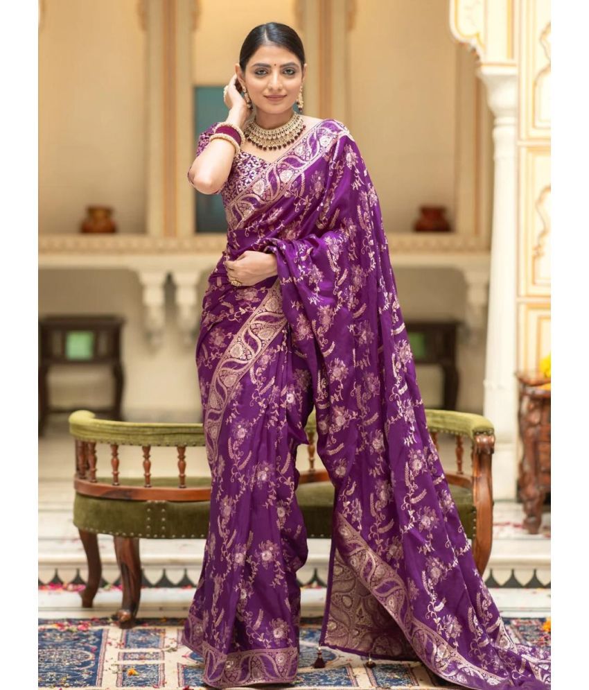     			YUG ART Banarasi Silk Embellished Saree With Blouse Piece - Purple ( Pack of 1 )