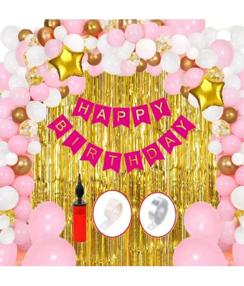     			KR HAPPY BIRTHDAY PARTY ( CELEBRATION ) DECORATION WITH HAPPY BIRTHDAY PINK BANNER (13), 2 GOLD FOIL CURTAIN, 1 ARCH, 1 GLUE, 50 PINK WHITE GOLD BALLOON, 1 PUMP, 3 CONFETTI BALLOON, 2 GOLD STAR BALLOON