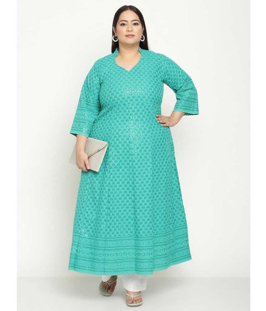     			Queenley Cotton Embellished Anarkali Women's Kurti - Turquoise ( Pack of 1 )