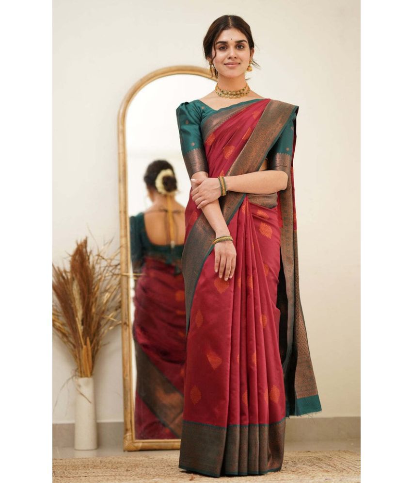     			YUG ART Banarasi Silk Embellished Saree With Blouse Piece - Maroon,Rama ( Pack of 1 )
