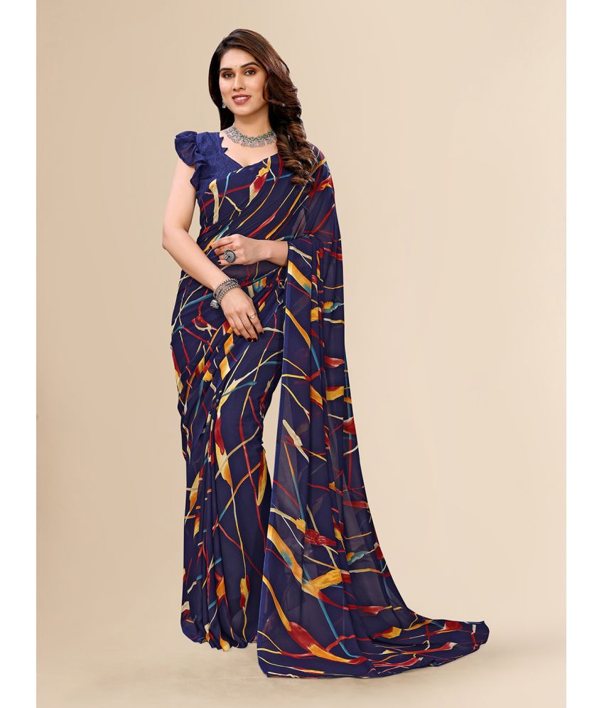     			ANAND SAREES Georgette Printed Saree With Blouse Piece - Navy Blue ( Pack of 1 )
